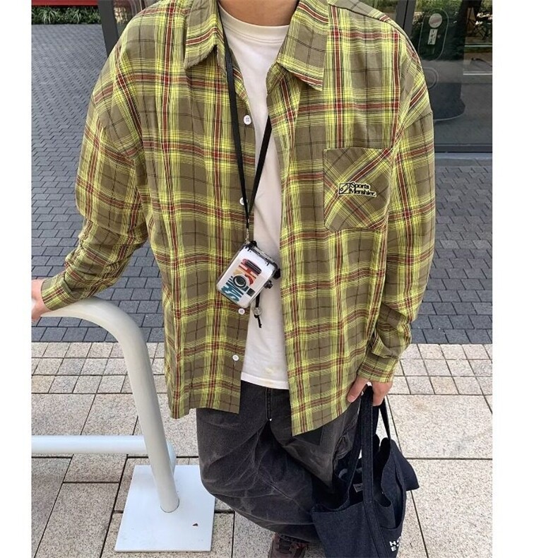 美式复古绿色格子衬衫男女宽松设计感上衣休闲长袖衬衣外套春秋,男装衬衫,星座506A