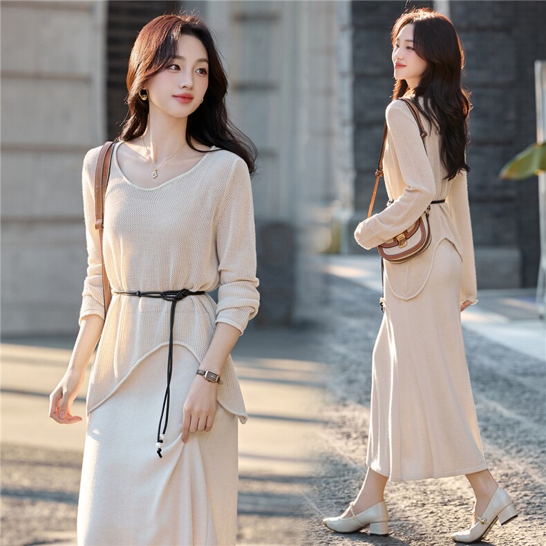 【现货】2025年秋季新款不规则毛织镂空上衣A字裙两件套配腰带，女装套装/套裙，辉煌依升