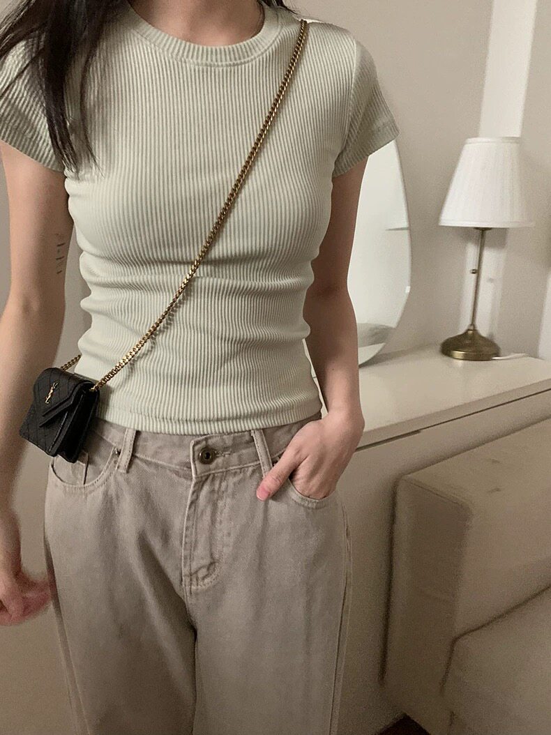 简约圆领短款修身针织短袖女夏装薄款T恤,针织衫/毛衣,圣旺供货