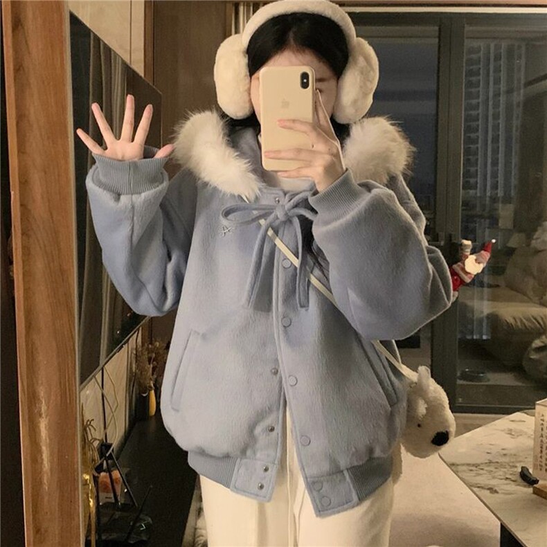 韩系蓝色毛领蝴蝶结连帽卫衣女秋冬加绒加厚保暖宽松纽扣开衫外套,男装棉衣,星座506A