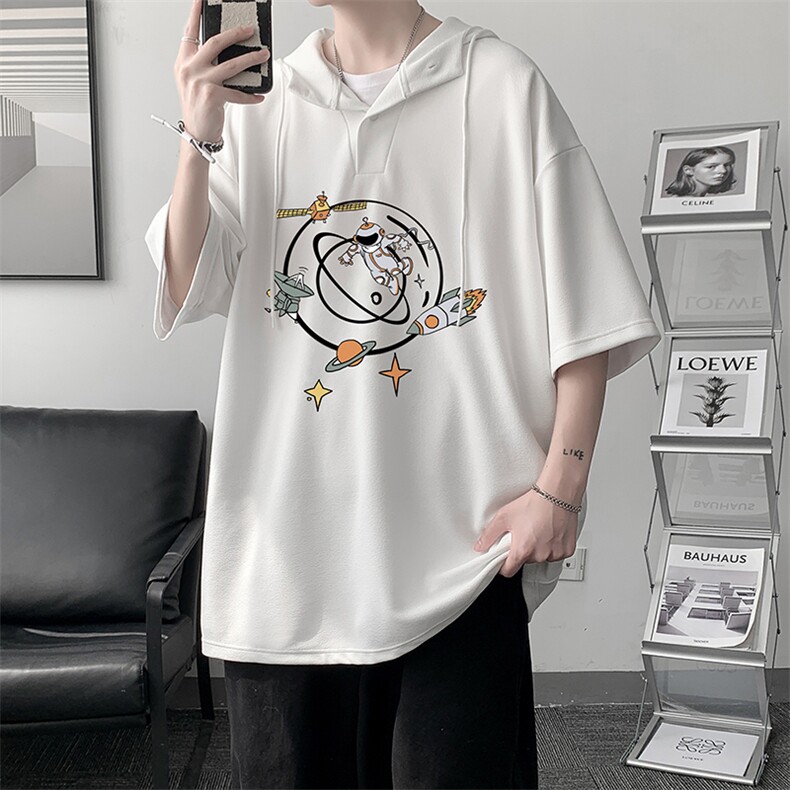 LD54142-P45 连帽短袖t恤男大码胖子带帽五分袖中袖 大皂风图片