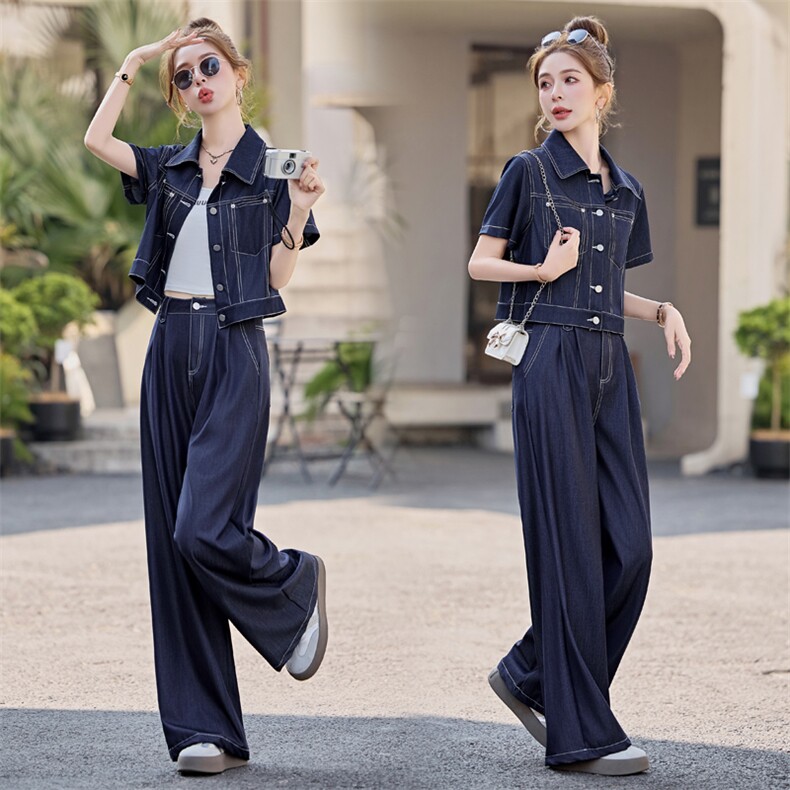 天丝牛仔女2025夏季新款薄款蕾丝拼接短袖上衣阔腿长裤，女装牛仔外套，印象茜