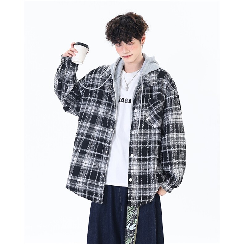 潮宽松连帽格子假两件情侣长袖外套XZ402-2-P78控98-JK2508大货足,女装短外套,星座402-2