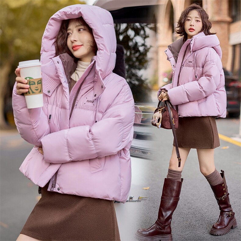 超好看咖色短款羽绒服女2025冬季新款小个子连帽白鸭绒面包服外套图片