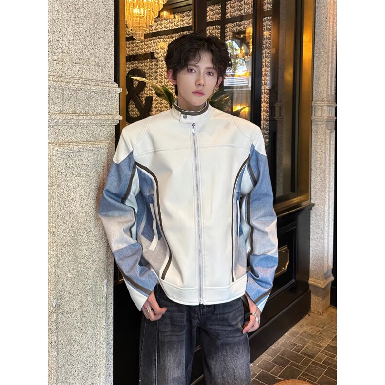 立领拼接赛车服皮夹克垫肩PU皮衣外套JK8571特P74,男装皮衣,星座908-1