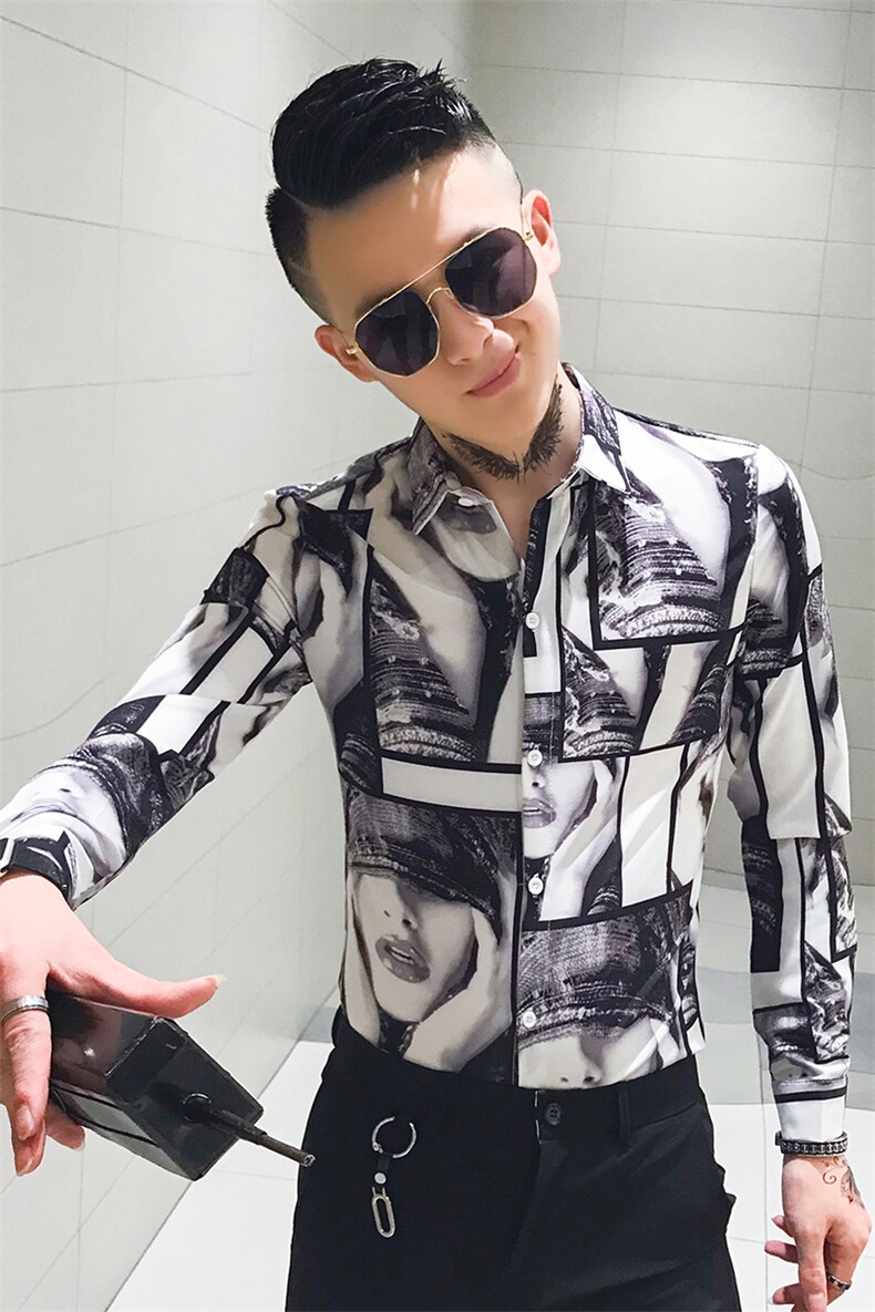 312A-810-P50新款人物印花修身衬衫夜店社会小伙发型师衬衣-1,男装衬衫,星座312A