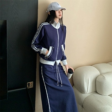 女春季订珠拼接色拉链开衫卫衣长半身裙两件套，女装套装/套裙，江南