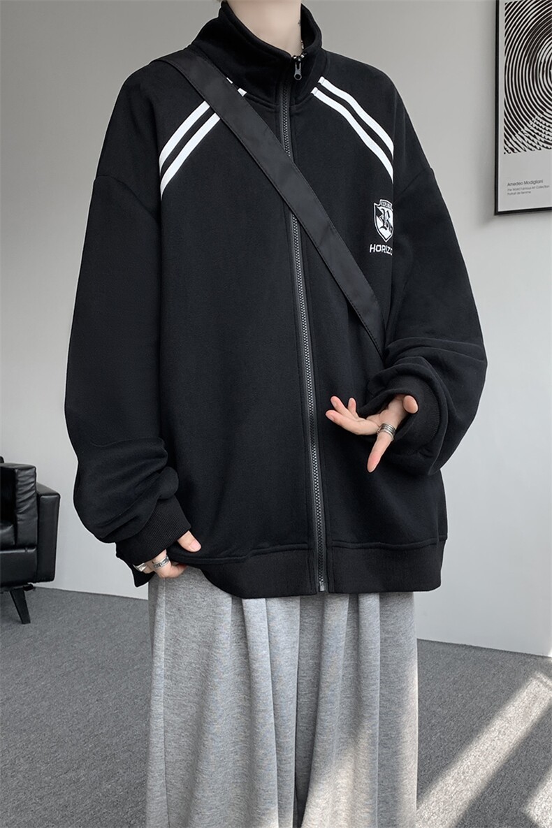 重磅条纹卫衣男开衫大码立领拼接上衣美式运动拉链外套JK5207/P65,女装短外套,电商B238