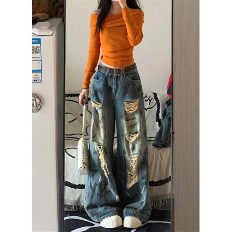 复古牛仔裤女新款破洞夏季款设计感小众宽松显瘦阔腿裤子 NA424图片