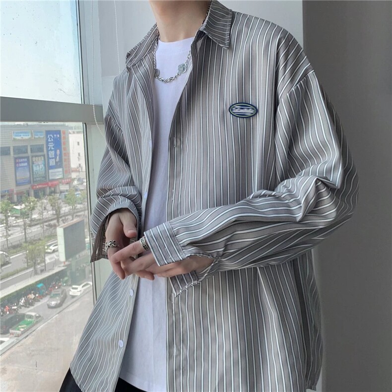 长袖衬衫男士夏秋季宽松港风条纹ins衬衣百搭防晒外套C200/P32,男装防晒衣,星座506