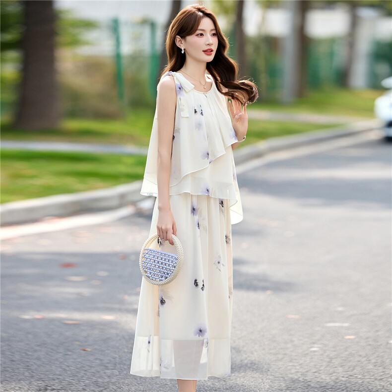 DLM8661白色花朵印花套装女夏无袖上衣半身裙两件套,女装套装/套裙,朵莱米