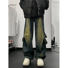 高街oversize拼接牛仔裤设计感青年宽松直筒阔垂感腿长裤~KZ1659，男装牛仔裤，星座601-2
