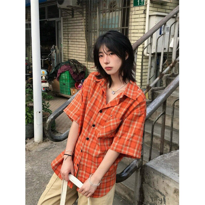 美式复古格纹短袖衬衫男女宽松百搭休闲高街情侣衬衣L52622-P31,男装T恤,星座1008