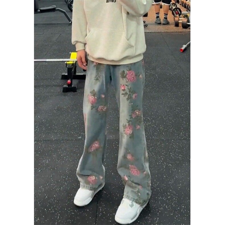 美式高街cleanfit玫瑰印花牛仔裤男潮牌痞帅直筒宽松微喇裤子秋冬,男装牛仔裤,星座1116A（原606A-3）