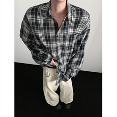 现货~格子大码长袖衬衫C5881/特P23黑，男装衬衫，电商A094