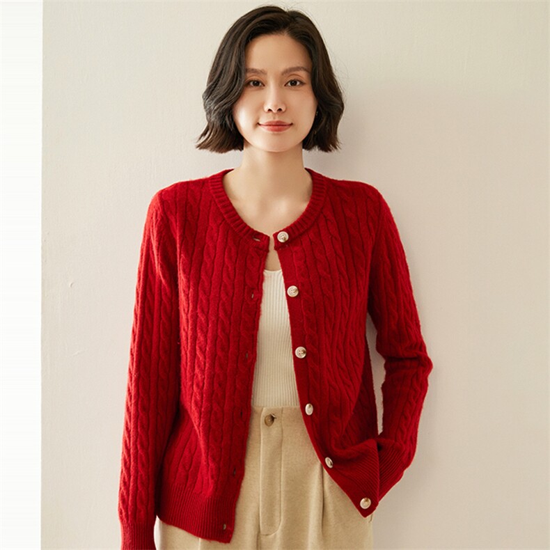 小baby山羊绒开衫女春秋新款圆领宽松扭花针织毛衣外套打底上衣图片