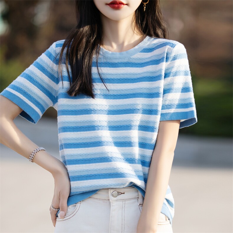 正肩短袖条纹T恤女2025夏季新款小个子纯棉显瘦宽松圆领体恤上衣，女装针织衫/毛衣，彩羽羊绒