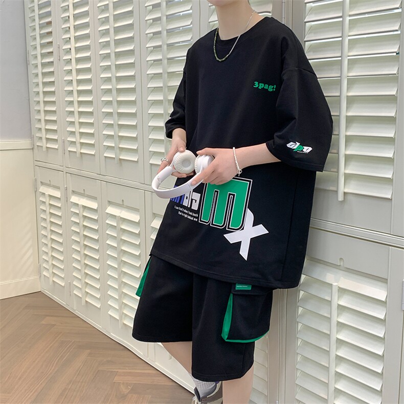 新款夏季短袖T恤工装裤短裤套装港风纯棉宽松潮男装DF320TP65,男装休闲套装,电商A086