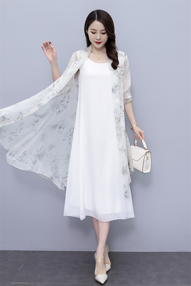 雪纺披肩外套防晒衣女民族中式风连衣裙花色开衫外披水墨画,女装连衣裙,秀美人生