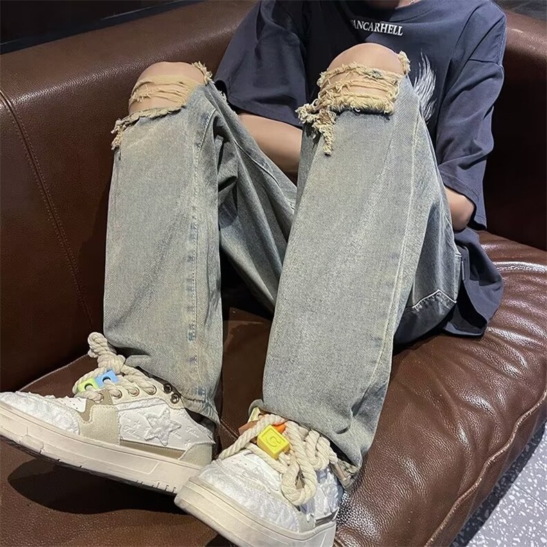 膝盖破洞牛仔裤男款美式复古黄泥色裤子夏季潮牌直筒长裤K089-P40,男装牛仔裤,星座911-2(原星座613-2）