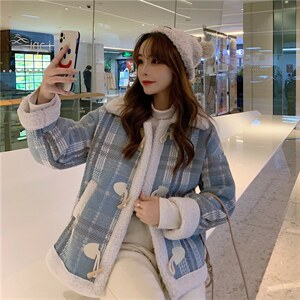 价秋冬外套韩版设计感格纹牛角扣羊羔毛外套宽松加厚外套女图片