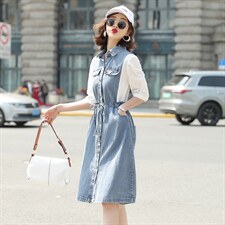 欧洲站女士秋季2024新款欧货时尚优雅洋气假两件雪纺袖牛仔连衣裙，女装连衣裙，菡迪欧娜