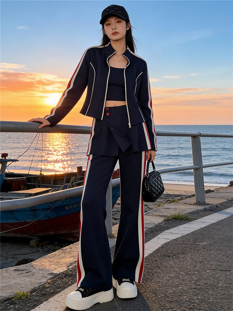 小个子穿搭时尚套装女春季新款条纹拼接开衫外套屁帘微喇裤三件套,女装套装/套裙,江南