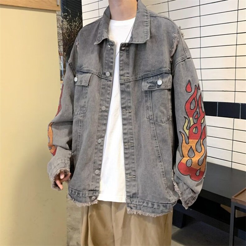 高品质美式毛边火焰刺绣牛仔外套男春季新款水洗潮牌痞帅工装夹克,男装夹克,星座410-7