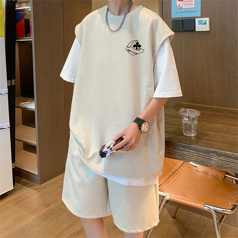 直播美式麂皮绒宽松背心无袖t恤短裤大码两件套套装TZ43-P58,男装T恤,电商A486