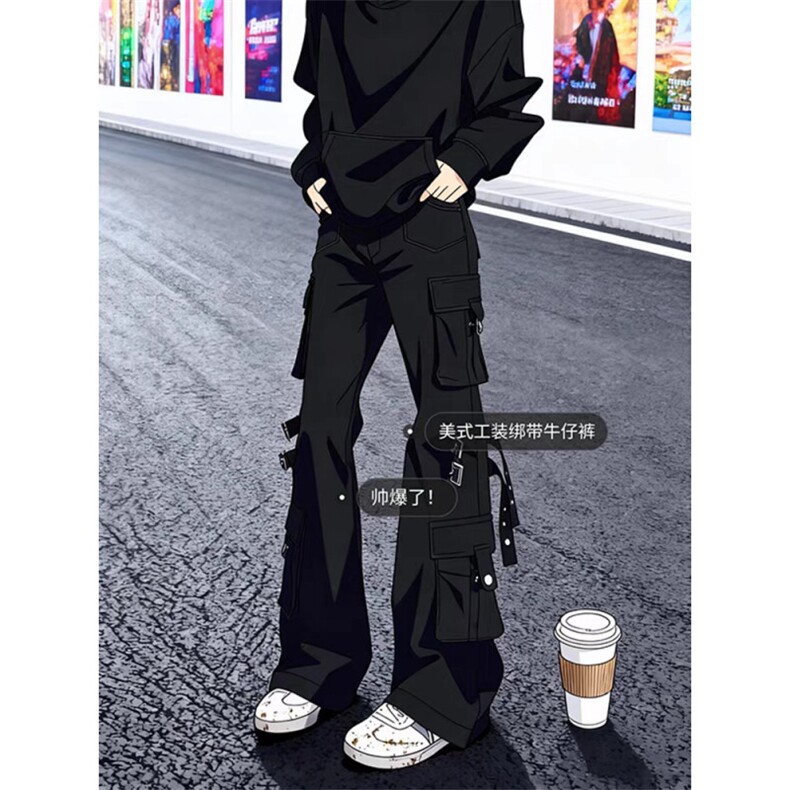 现货黑色微喇绑带工装牛仔裤男视觉系美式高街vibe裤子L83599-P60,男装牛仔裤,星座1008