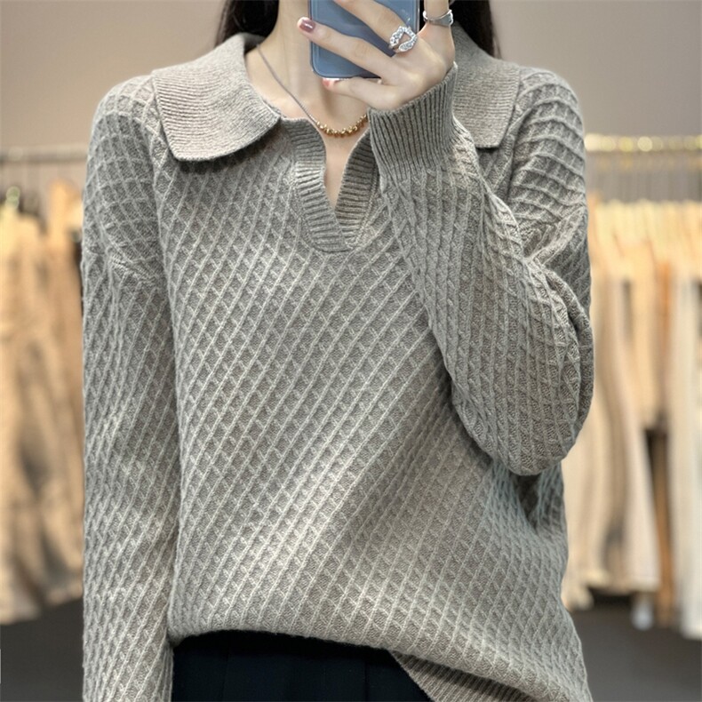 蓬松柔软亲肤舒适女士菱形绞花格套头羊毛衫,女装羊毛衫,温贝羊绒