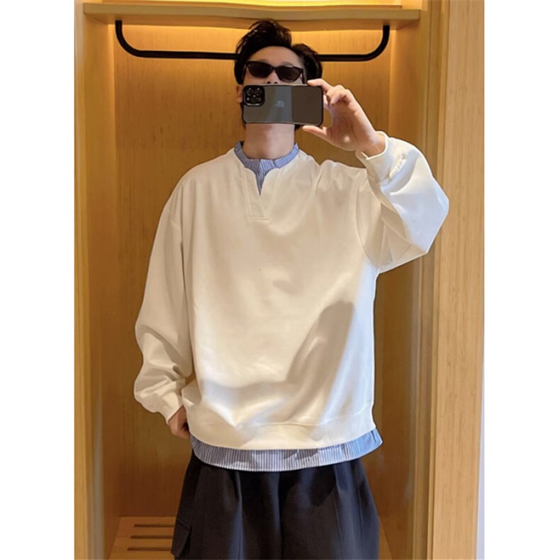 新款假两件拼接圆领卫衣男秋季宽松情侣百搭休闲套头上衣W46,男装卫衣,星座1116A（原606A-3）