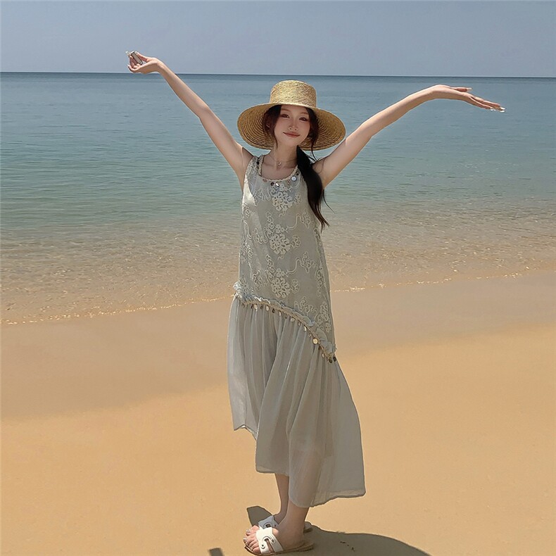 绝美漂亮无袖拼接背心连衣裙女夏2025新款湖绿色流行爆款少女长裙图片
