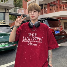 可48小时发货支持抖音得物来样二开美式满天星亮片短袖T恤MTX702，男装T恤，电商A486-1