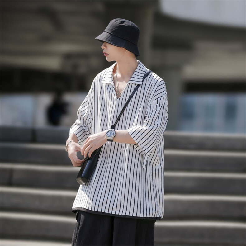 2024夏装假两件条纹冰丝短袖衬衫男宽松衬衣C501P40,男装衬衫,电商C323