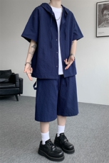 TZ793-特55控98新款速干肌理感连帽男短袖衬衫六分裤大码套装，男装T恤，电商A059