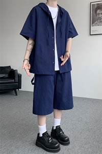 TZ793-特55  控98 新款速干肌理感连帽男短袖衬衫六分裤大码套装图片