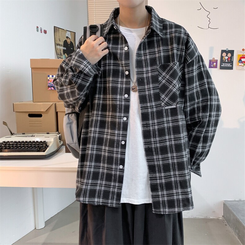 衬衫男2025春季新款港风大码宽松长袖磨毛格子衬衣CS37-P38,男装衬衫,星座214-3