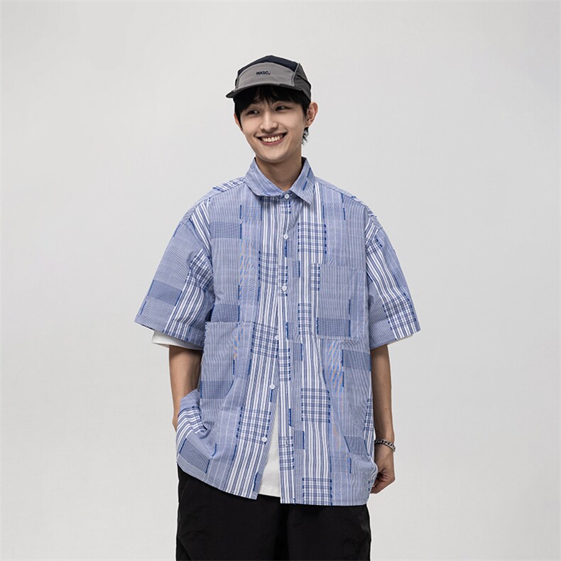南夏乔装2025夏季新款日系清新翻领短袖衬衫男撞色拼接设计感衬衣图片