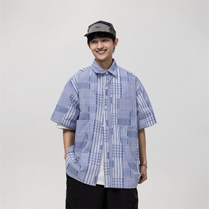 南夏乔装2025夏季新款日系清新翻领短袖衬衫男撞色拼接设计感衬衣图片