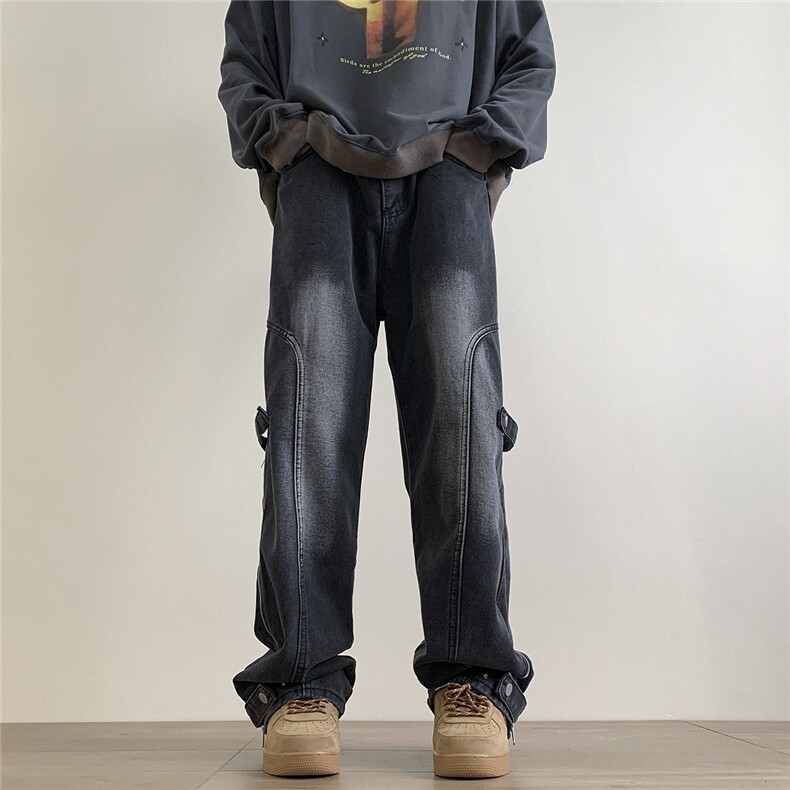 904-KZ02-P65-K852023设计款直筒长裤侧拉链系带男高街潮牛仔裤,男装休闲裤,星座904