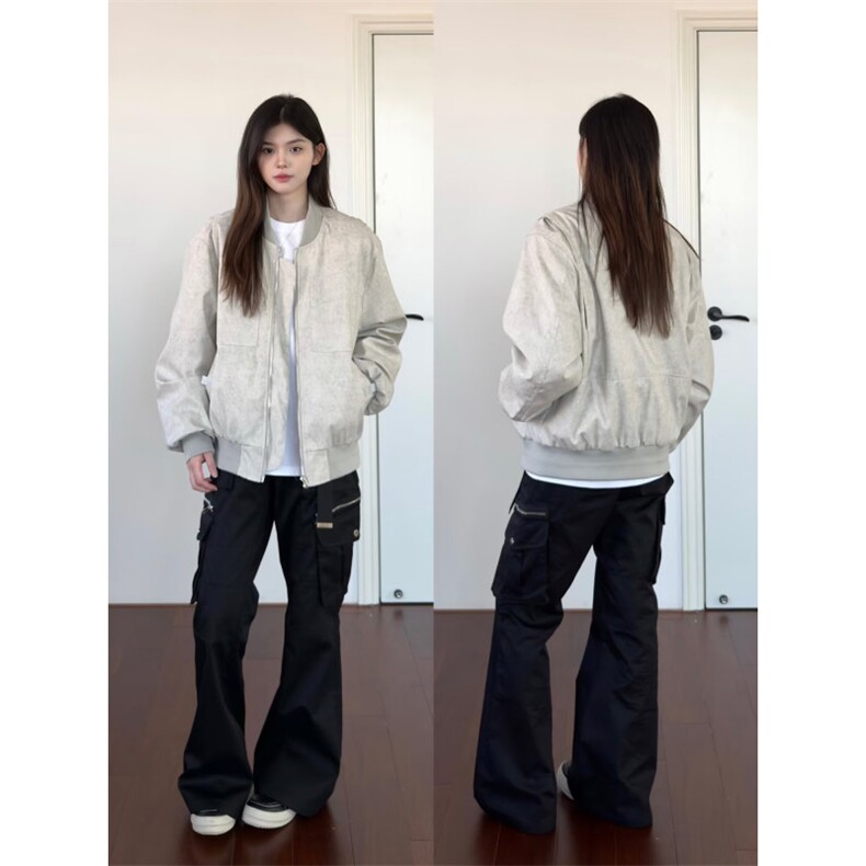 慵懒文艺流行ins百搭新款潮流时尚原宿棒球领短宽石灰女夹克外套,女装短外套,星座506A