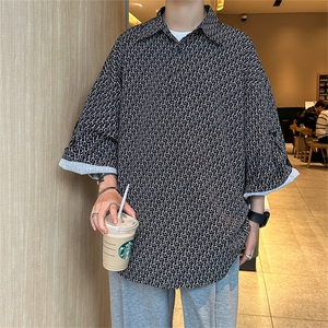 C8075/P35新款夏季冰丝宽松印花五分袖衬衣男大码潮个性衬衫上衣图片