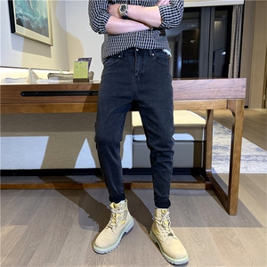 B230-6031 p85黑灰色修身小脚牛仔裤男士流行简约百搭九分裤图片