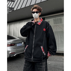潮牌格子撞色翻领牛仔外套男女同款春秋季情侣夹克上衣JK03365，男装夹克，星座308B-1
