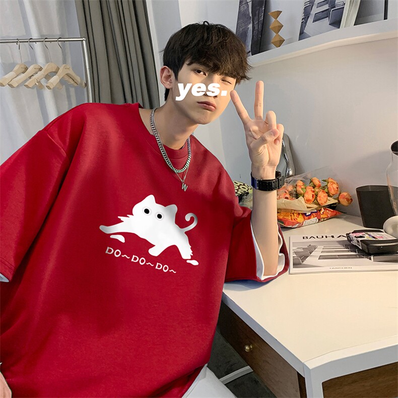 wassuphappy美式猫咪短袖t恤男夏季薄款潮流圆领宽松休闲五分袖,男装T恤,电商A486