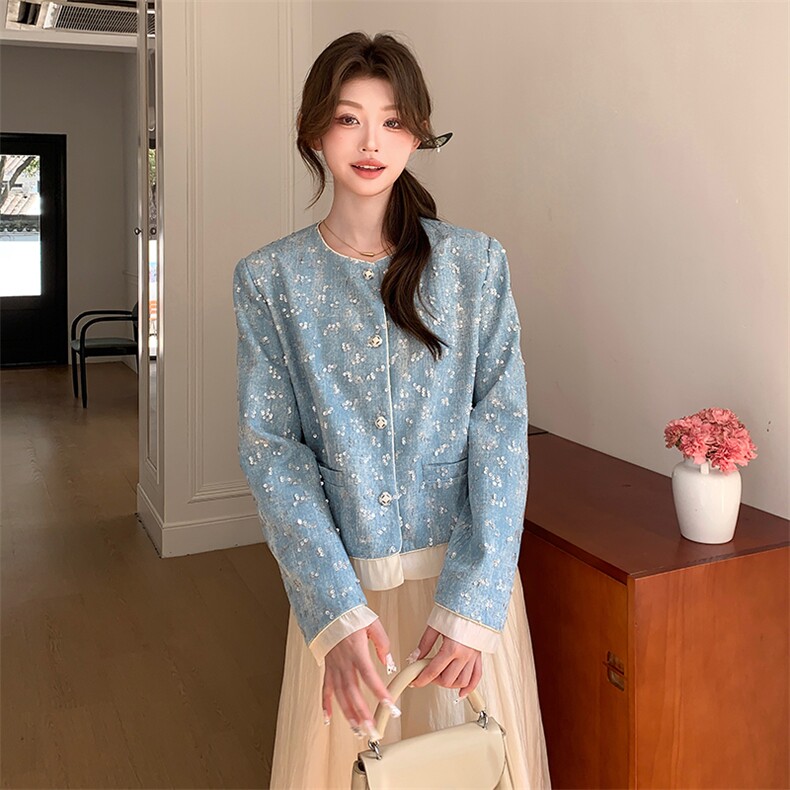 小香风蓝色亮片外套短款女春秋2025新款韩版宽松小个子夹克衫上衣,女装短外套,浙宝208A