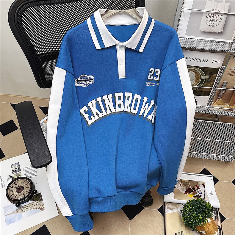 港风中性风平铺POLO领卫衣情侣大码M-5XL休闲套头卫衣男C7720P55，男装Polo衫，星座227-7