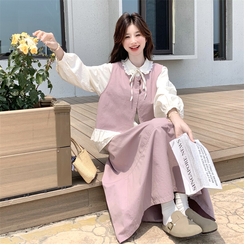 甜美少女粉色马甲叠穿长袖衬衫套装女春秋独特漂亮裙子减龄三件套,女装套装/套裙,2C056