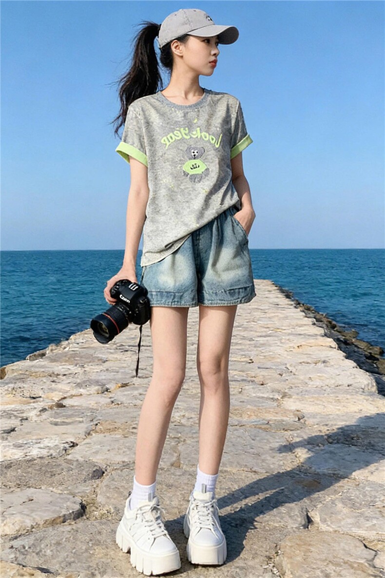 韩系休闲运动时尚套装女夏新款圆领扎染刺绣上衣牛仔短裤两件套潮,女装套装/套裙,江南